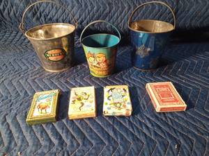 3 Vintage metal pails and vintage card games