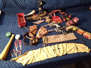 Wooden box of vintage toys and more