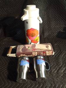 Coffee pot, mugs and can crusher