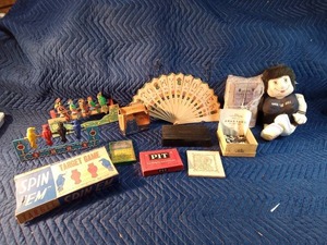 Vintage games and more Target, Pit, Bingo, Anagrams, Ancient Chinese games, Binoculars, cribbage board and a doll