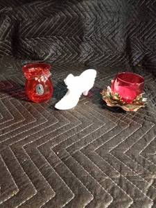 Milk glass Fenton shoe, gold tone candle holder and Pilgrim hand blown glass