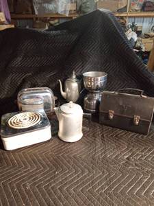 Vintage toaster, pewter teapot, thermos, metal lunch box, and more
