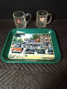 Coca-Cola tray and A&W mugs