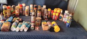  Totes and a box of lubricants fluid, paint and more