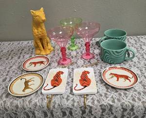 Jaguar Statue, Jaguar Plate, 2- Tiger Plates, 2- Tiger Wall Hangers, 2-Coffee Mugs, 3-Plastic Margarita Glasses.