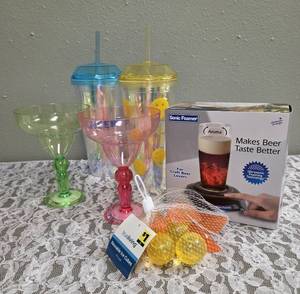 Sonic Beer Foamer, Green and Pink Margarita Glasses,  Cheers Tumbler, Smiley Face Tumbler and Bag of Reusable Ice Cubes