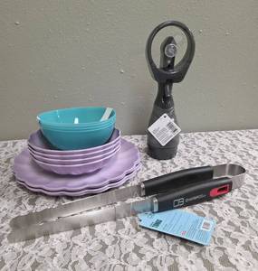 Char-Broil Stainless Steel BBQ Tongs,4- Melamine Purple Plates and 4- Melamine Purple Bowls, 1 set of 4 green plastic bowls, Misting Fan.