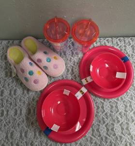 2 sets of Plastic Red Plates (4 in each set) and 2 sets of Plastic Red Bowls (4 in each set). 2- Party Time Tumblers, and Ladies Slippers Size 7-8