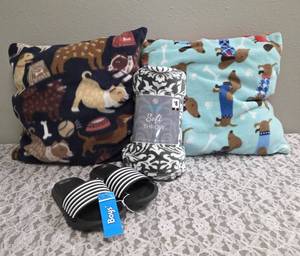 Green Soft Throw Blanker (50x 60), Weiner and Puppies Hand Sewn Dog Pillows-both 13 x 16 and Boys Sandals Size 1112.