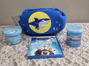 Puddle Jumper Blue Shark Personal Flotation Device, Hello Kitty n Friends Fizzy Slimy Gloop, Squishmallow Premium Cloud Slime-Blue Raspberry, Frozen DVD -used.
