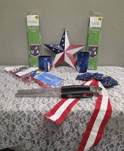 Celebrate America&nbsp &nbsp &nbspBBQ Tongs, 2-Patriotic Flags (13.8 x 23), Liberty Can Koozie, Liberty Can Koozie Short, Metal Star (12), 2- Patriotic Flag Wind Blazers (25 x 4.75), Patriotic Bow (19)