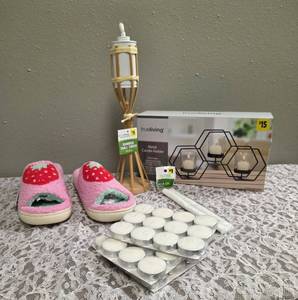 Ladies Slippers M(7-8), Metal Candle Holder, 14 Bamboo Table Porch with wicks, Citronella Tea Candles -36 count
