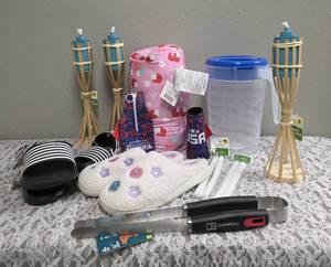 Char Broil BBQ Tongs, USA Can Koozie, USA Bottle Koozie, Torch Wicks, Bamboo Table Torches, Ladies Slipper (7-8), Mens sandals (9-10), Kids Sandals S(11-12), Gallon Pitcher, Strawberry Bean Pillow