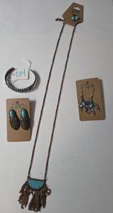Necklace and Earrings.&nbsp Turquoise color.&nbsp Chain is 14-16 long.
