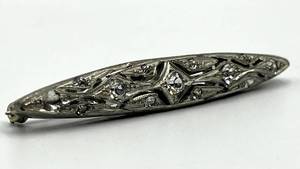 Filigree Brooch Pin - 2.5 in L x 0.5 in W, Clear Stones