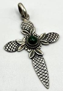 925 Sterling Silver Mexican Cross Pendant 2 x 1.5 in with Green Cabochon