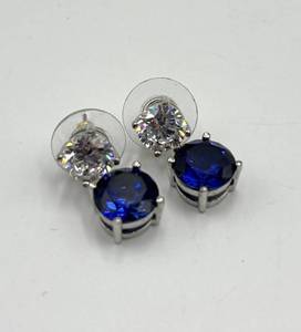 Sapphire Drop Earrings with Clear Stones - Sterling Silver 0.75 in L x 0.25 in W