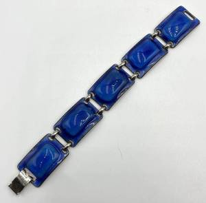 Signed Art Enamel Blue Bracelet - Handcrafted Glass Tile Links, 7 in L x 0.75 in W