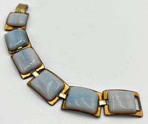 Signed Art Enamel Bracelet - 7 inch Length, Pale Blue Cabochon Squares
