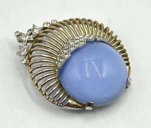 StarMoon Brooch Pin with Light Blue Cabochon & Crystals - 2 x 1.75 in