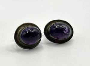 Sterling Silver 925 Purple Cabochon Screw-On Earrings 1 in x 0.75 in (Lot of 2)