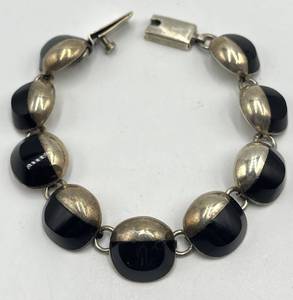 Mexican 950 Silver Black Onyx Bracelet - 8 in Long, 0.75 in Discs