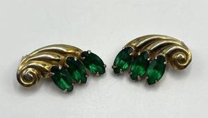 Green Rhinestone Clip-On Earrings - Gold-Tone, 1 x 0.75 in - Vintage