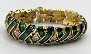 Panetta Green Enamel Bracelet - 3 in L x 0.75 in W - Gold Tone with Diamond Accents
