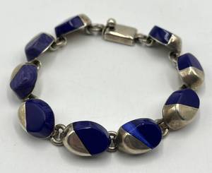 Mexican 925 Silver Link Bracelet - Blue Inset Circles, 8 in Long