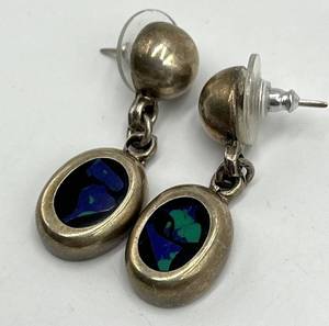 Mexico 925 Sterling Silver Oval Dangle Earrings with BlueGreen Mosaic Inlays
