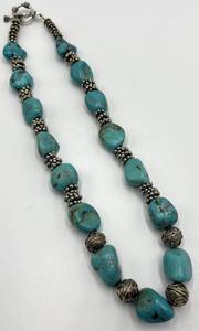 Turquoise Teardrop Bead Necklace 19 L - Silver Spacer Accents