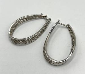 Hoop Earrings - 925 Sterling Silver Diamond-Accent Curved, 1.5 in x 1 in