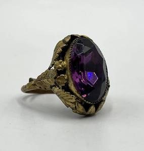 Ring - Purple Gem Adjustable, 1 X 0.75 Inch Stone, Gold-Tone Ornate Setting