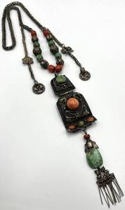 Mongolian Turquoise & Coral Necklace with Large Pendant - 21 in
