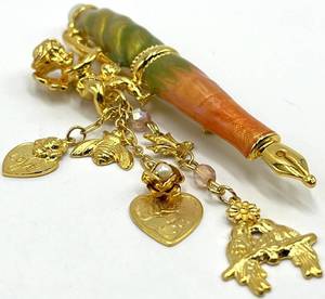 Cupid Charm Quill Brooch Pin - Green-Orange Resin Quill with Dangling Charms