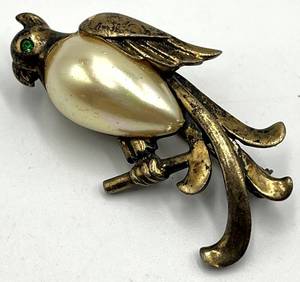 Parrot Brooch Pin - Gold-Tone with Pearl Body, Green Eye Gem, 1.75 x 1 x 0.75 in