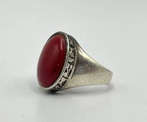 Sterling Silver Red Coral Ring - Cabochon 0.75 x 0.50 in - Size 8