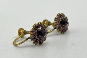 Purple Flower Screw-On Earrings - Gold-Tone with Purple Crystals (Lot of 2) 0.75 in x 0.5 in