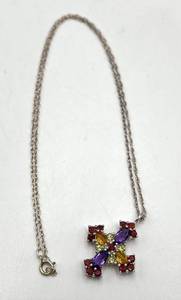 Sterling Silver 9-Inch Cross Pendant Necklace with Multicolor Gemstones (1 x 1 in Pendant)