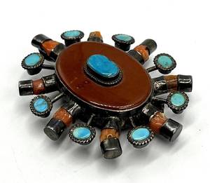Sterling Silver Coral Turquoise Sunburst Brooch Pendant - 2 x 2.25 x 0.75 in