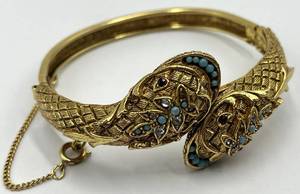Arthur Pepper Double-Headed Snake Bracelet - Gold Tone with Turquoise Beads, 2.5 in Dia
