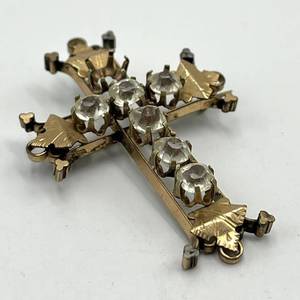 Cross Brooch Pin - Gold Tone Rhinestones, 2 in x 1.5 in, Missing One Gem