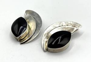 Mexican 925 Sterling Silver Black Onyx Clip-On Earrings - 1.75 x 1 in