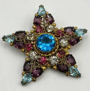 Starburst Gem Brooch - Blue Center Stone, Purple & Teal Crystals, 2in x 2in