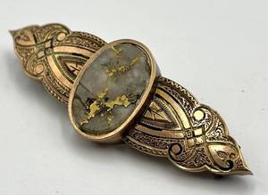 Stone Brooch Pin - Grey Inset with Gold Vein, Ornate Gold-Tone Filigree