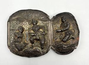 Inro Belt Fastener, Japanese Metal, 2-Panel Carved Figures, 3 x 4 14 in
