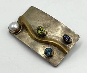 Handmade Brass Brooch Pin with Multicolor Gem Inlays - 1.5 x 1 in