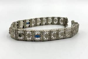 Vintage Silver Bracelet - 7in Long x 0.25in Wide With Blue Inset Panels