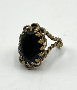 West Germany Adjustable Ring - Large Black Stone With Gold-Tone Filigree