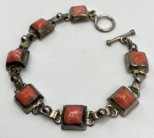 Mexican Silver Coral Stone Link Bracelet - 7 In